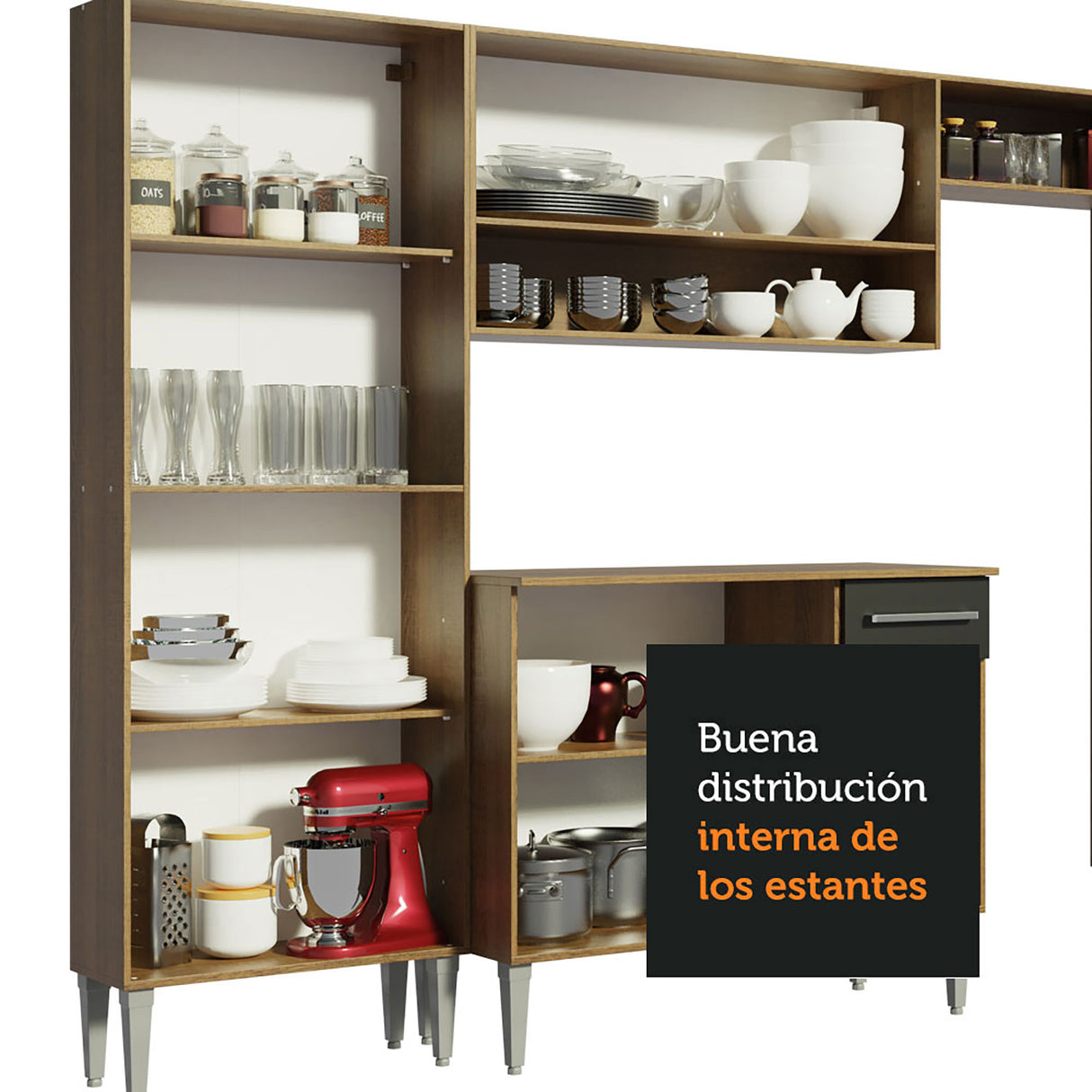 Cocina Integral Emilly Marron y Negro 229x186cm con Mesón de Acero Inoxidable - Cocinas | Bylmo