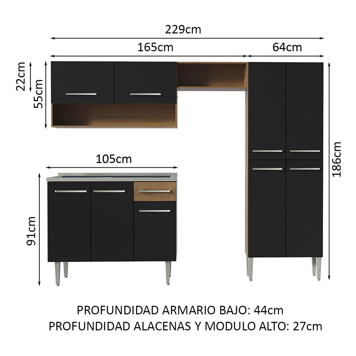 Cocina Integral Emilly Marron y Negro 229x186cm con Mesón de Acero Inoxidable - Cocinas | Bylmo