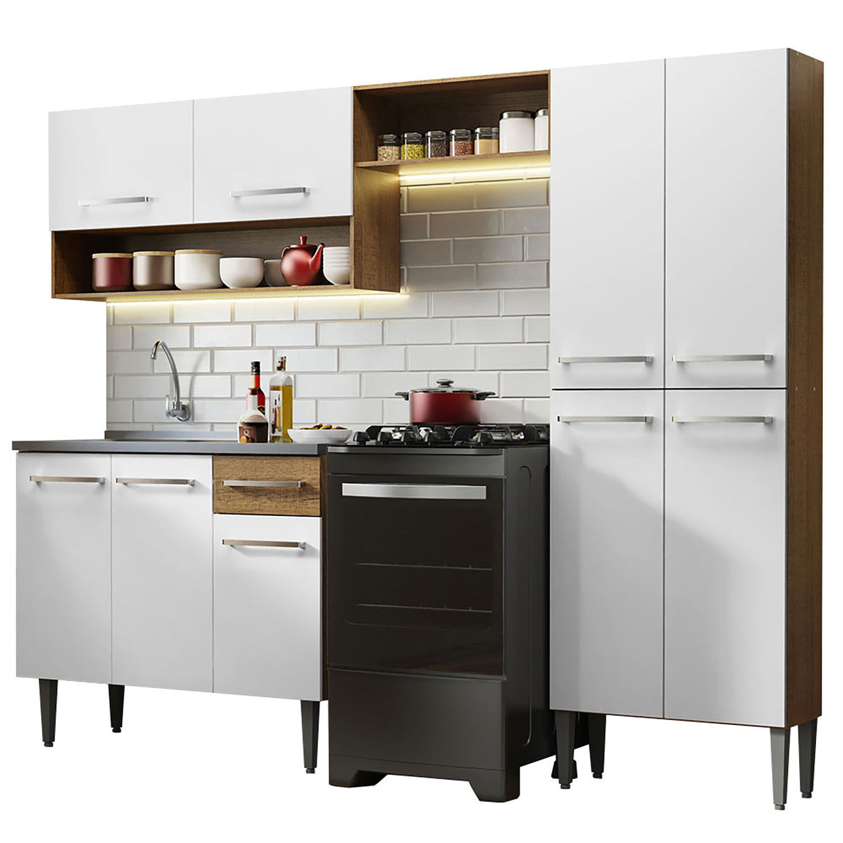 Cocina Integral Emilly Marron y Blanco 229x186cm con Mesón de Acero Inoxidable - Cocinas | Bylmo