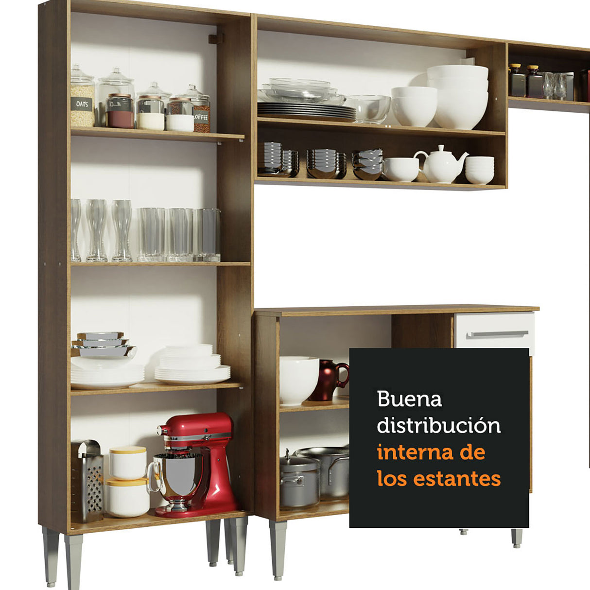 Cocina Integral Emilly Marron y Blanco 229x186cm con Mesón de Acero Inoxidable - Cocinas | Bylmo