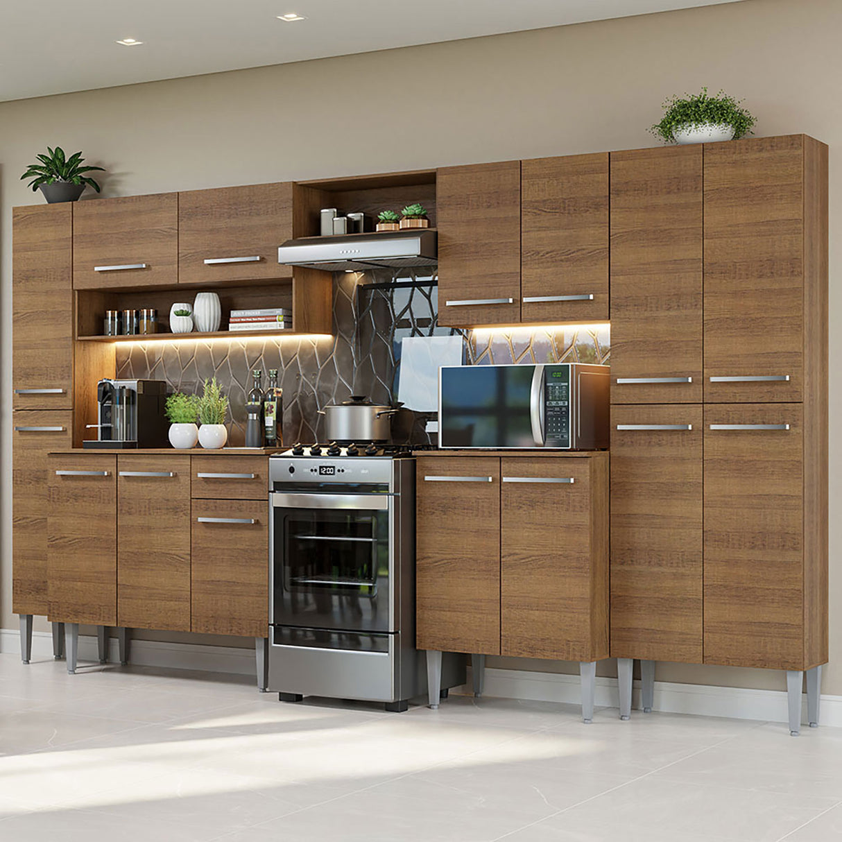 Cocina Integral Emilly Marron 325x186cm con Mesón de Madera - Cocinas | Bylmo