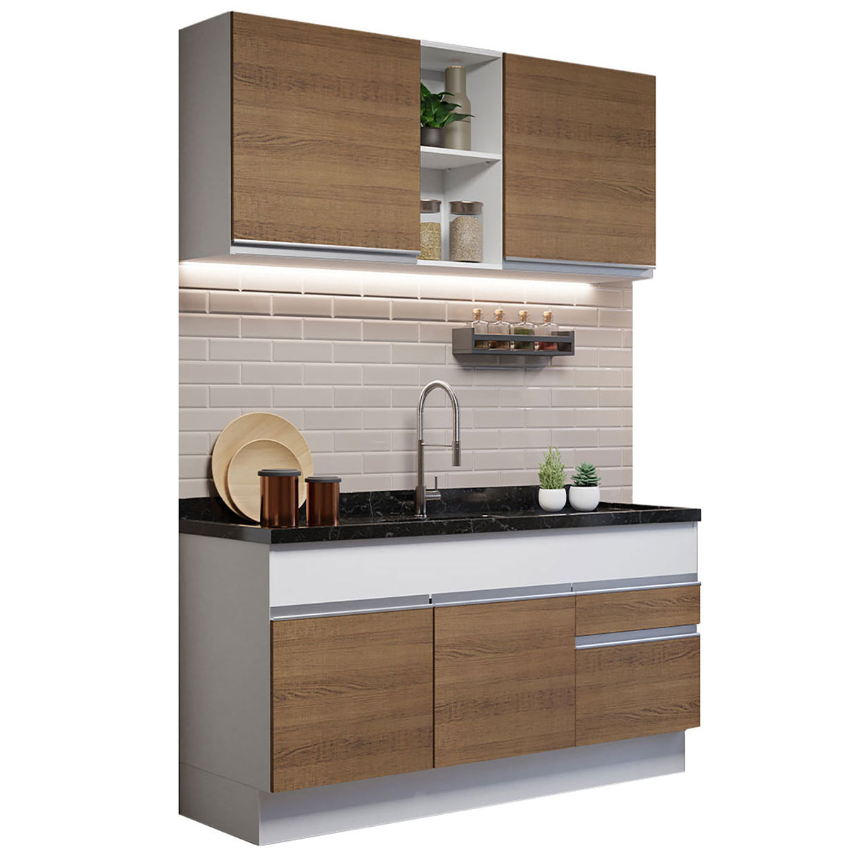 Cocina Integral Glamy Blanco y Marron 150x225cm sin Mesón - Cocinas | Bylmo