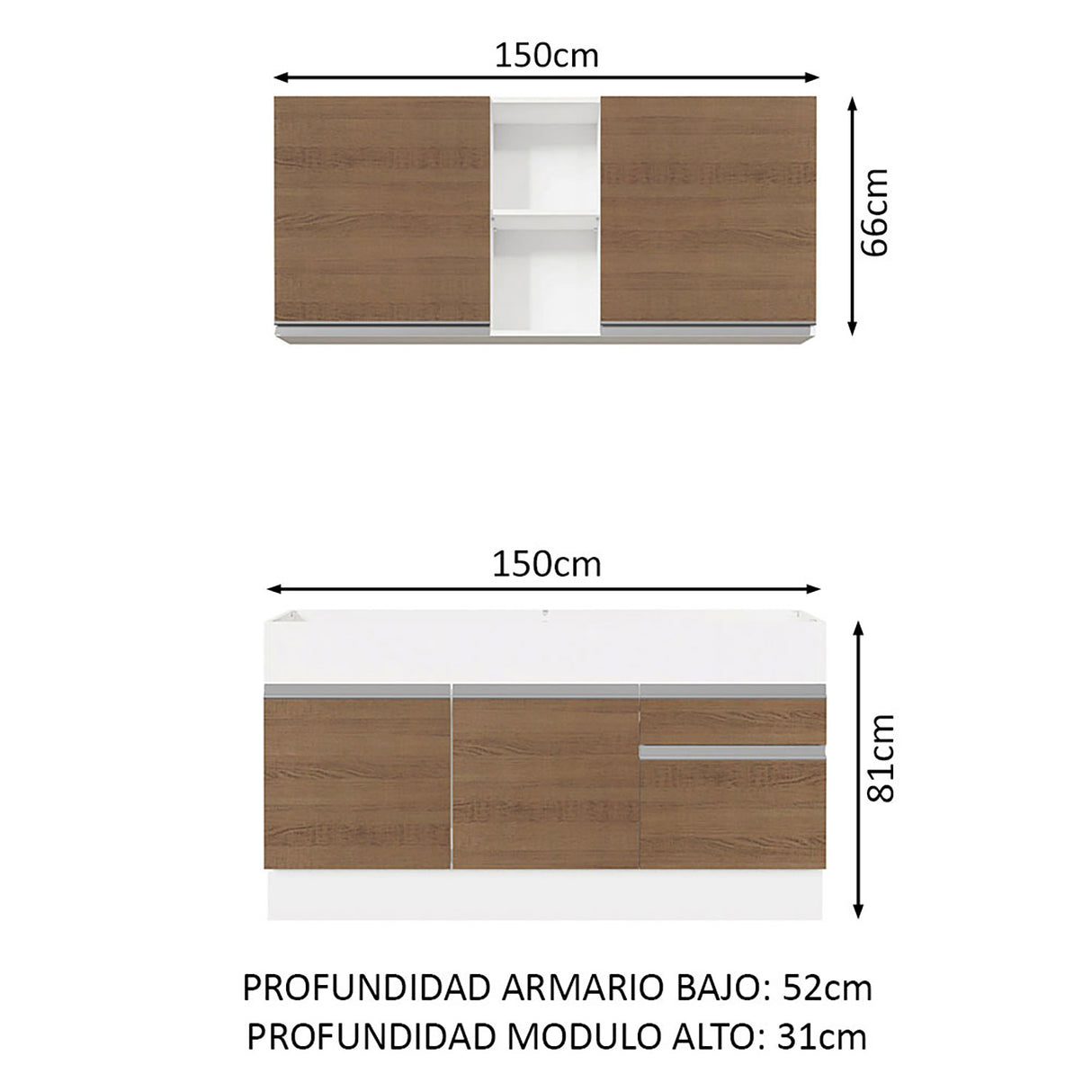 Cocina Integral Glamy Blanco y Marron 150x225cm sin Mesón - Cocinas | Bylmo