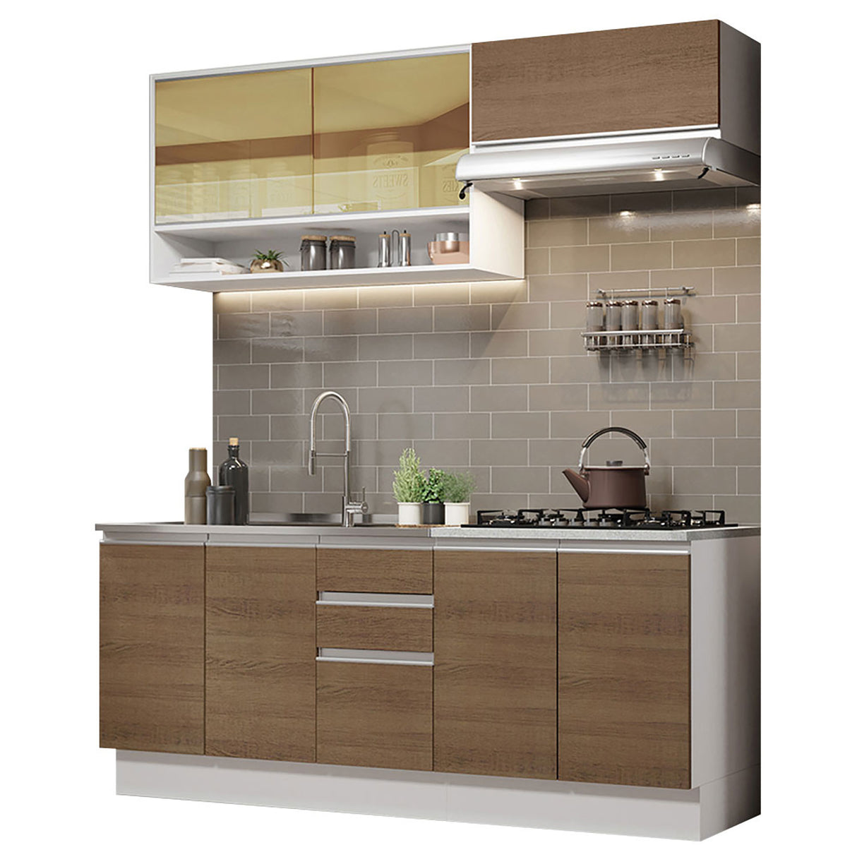 Cocina Integral Glamy Blanco y Marron 200x225cm con Mesón de Madera - Cocinas | Bylmo