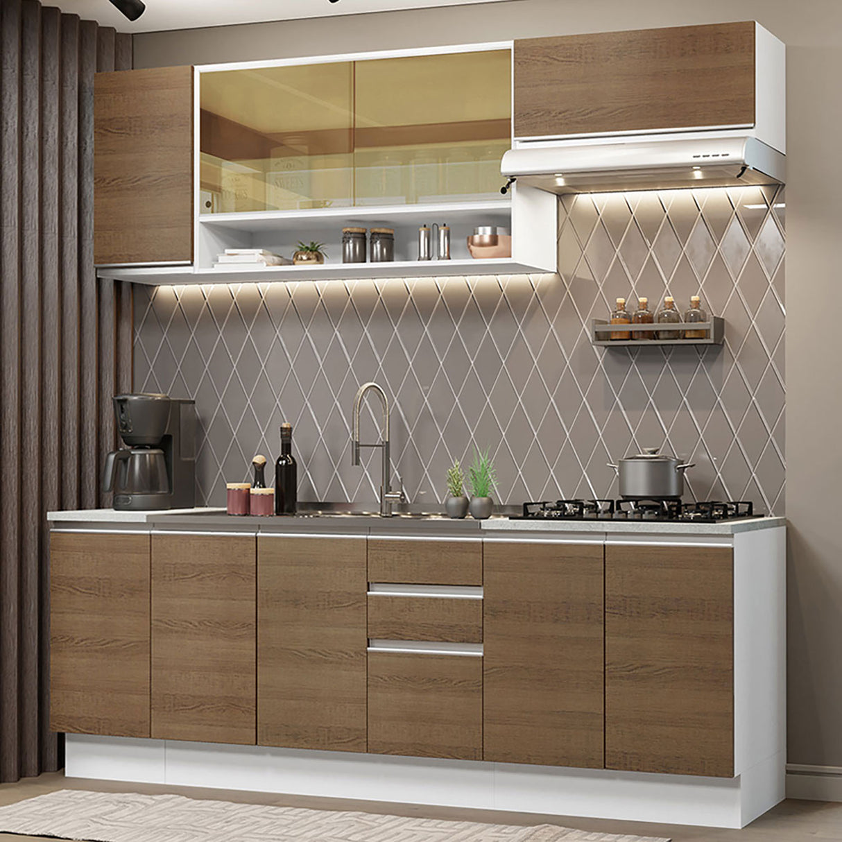 Cocina Integral Glamy Blanco y Marron 240x225cm con Mesón de Madera - Cocinas | Bylmo