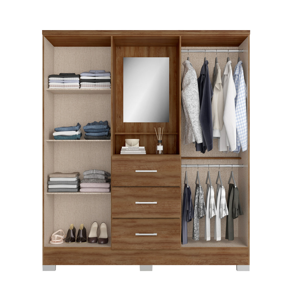 Closet Munari Freijo y Beige 160x198cm Con Tres Cajones y Cuatro Entrepaños - Closets | Bylmo