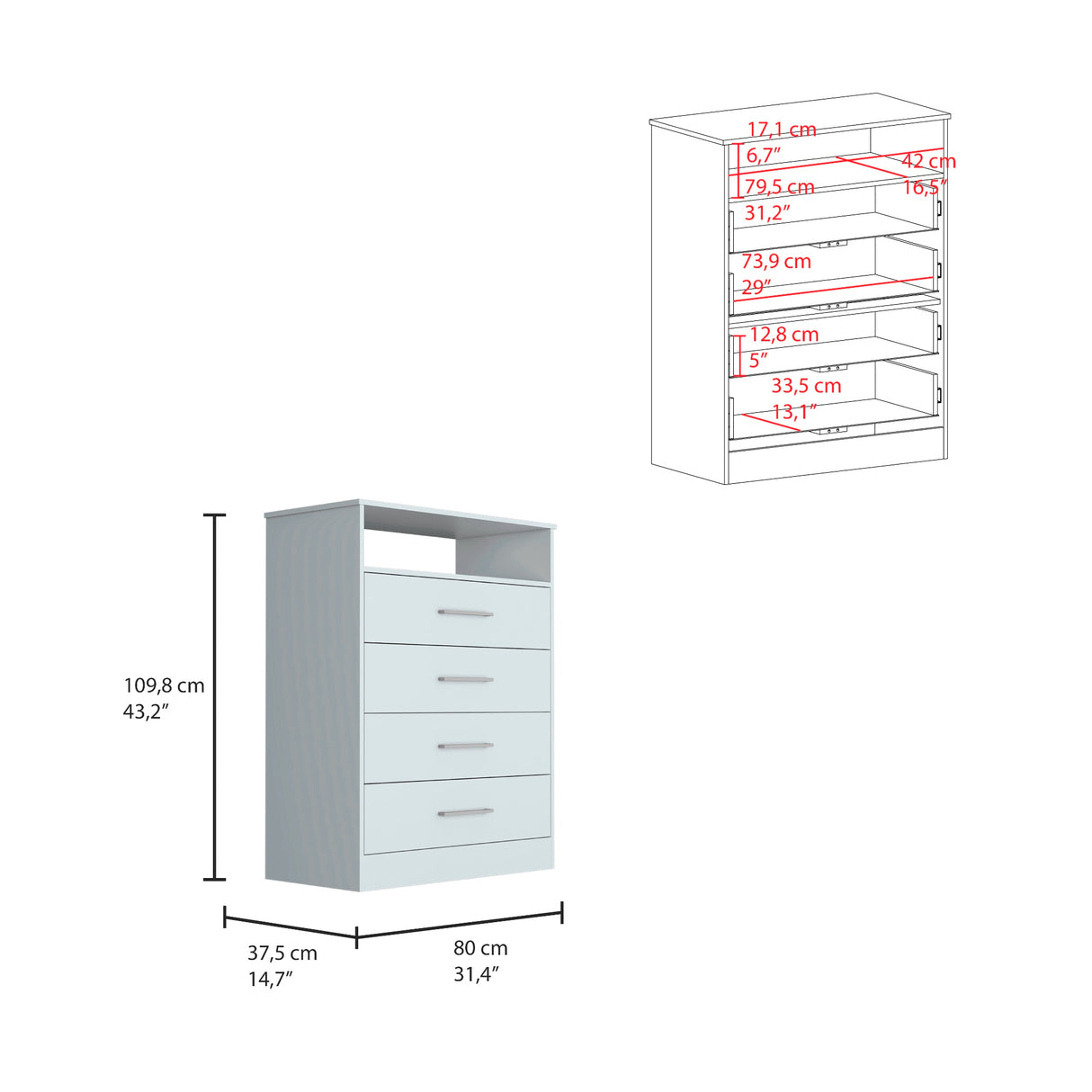 Cómoda Continental Blanco 84x109.6cm con Cuatro Cajones - Cajoneras y Comodas | Bylmo