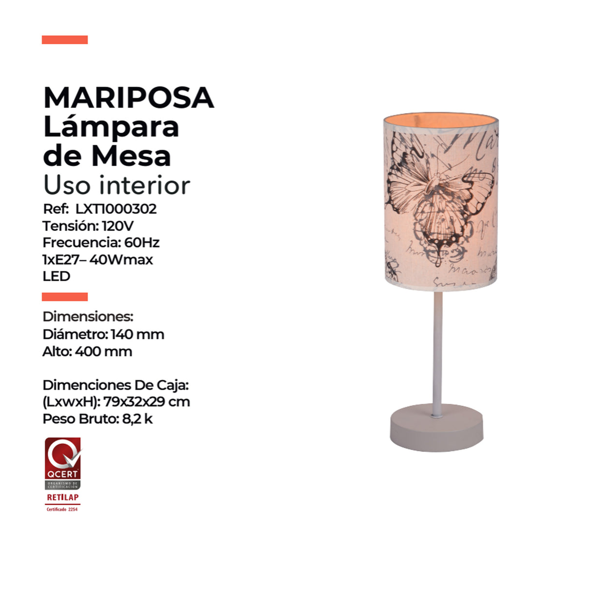 Lámpara de Mesa Mariposa Multicolor 14x40cm con Bombilla - Iluminacion | Bylmo