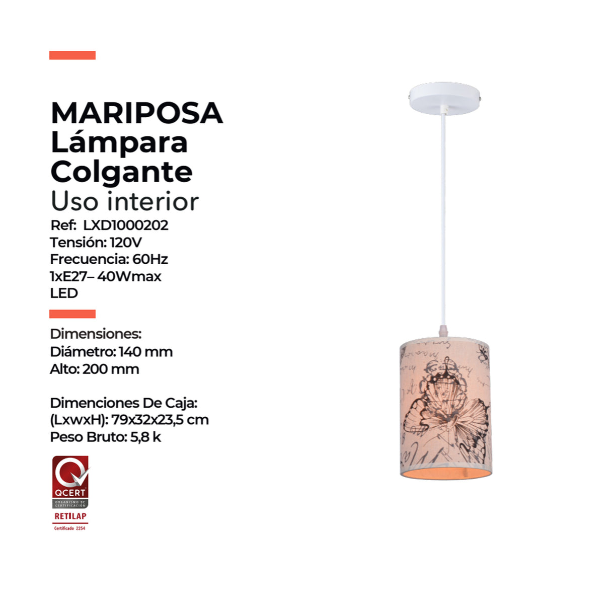 Lámpara Colgante Mariposa Multicolor 14x120cm de Techo con Bombilla - Iluminacion | Bylmo