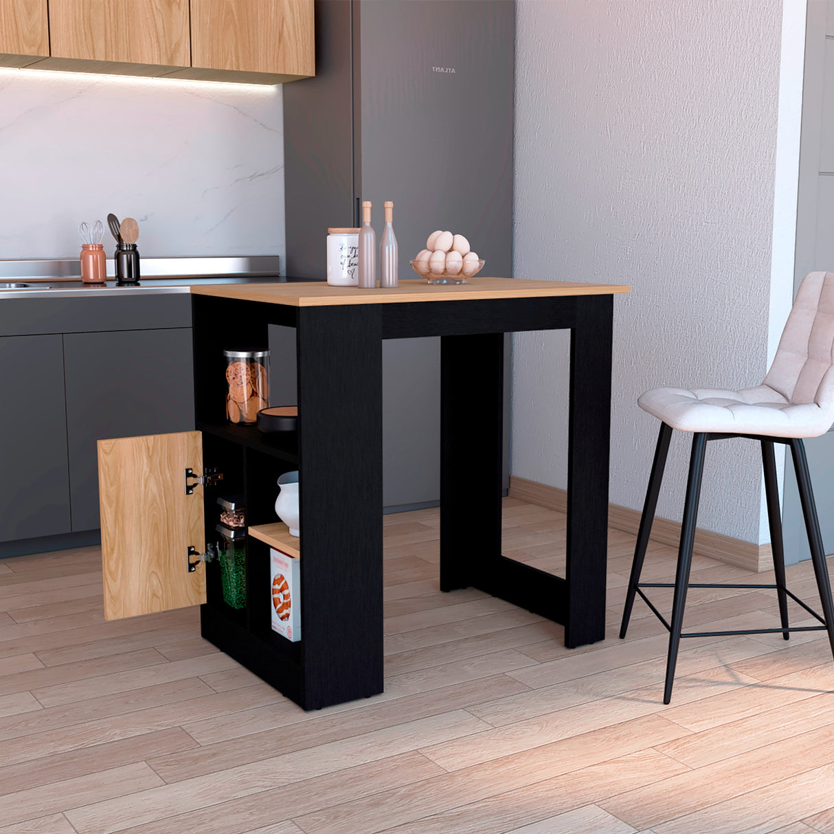 Isla de Cocina Stirling Wengue y Fresno Europeo 92x91.3cm con Mesón de Madera - Barras y Muebles Auxiliares | Bylmo