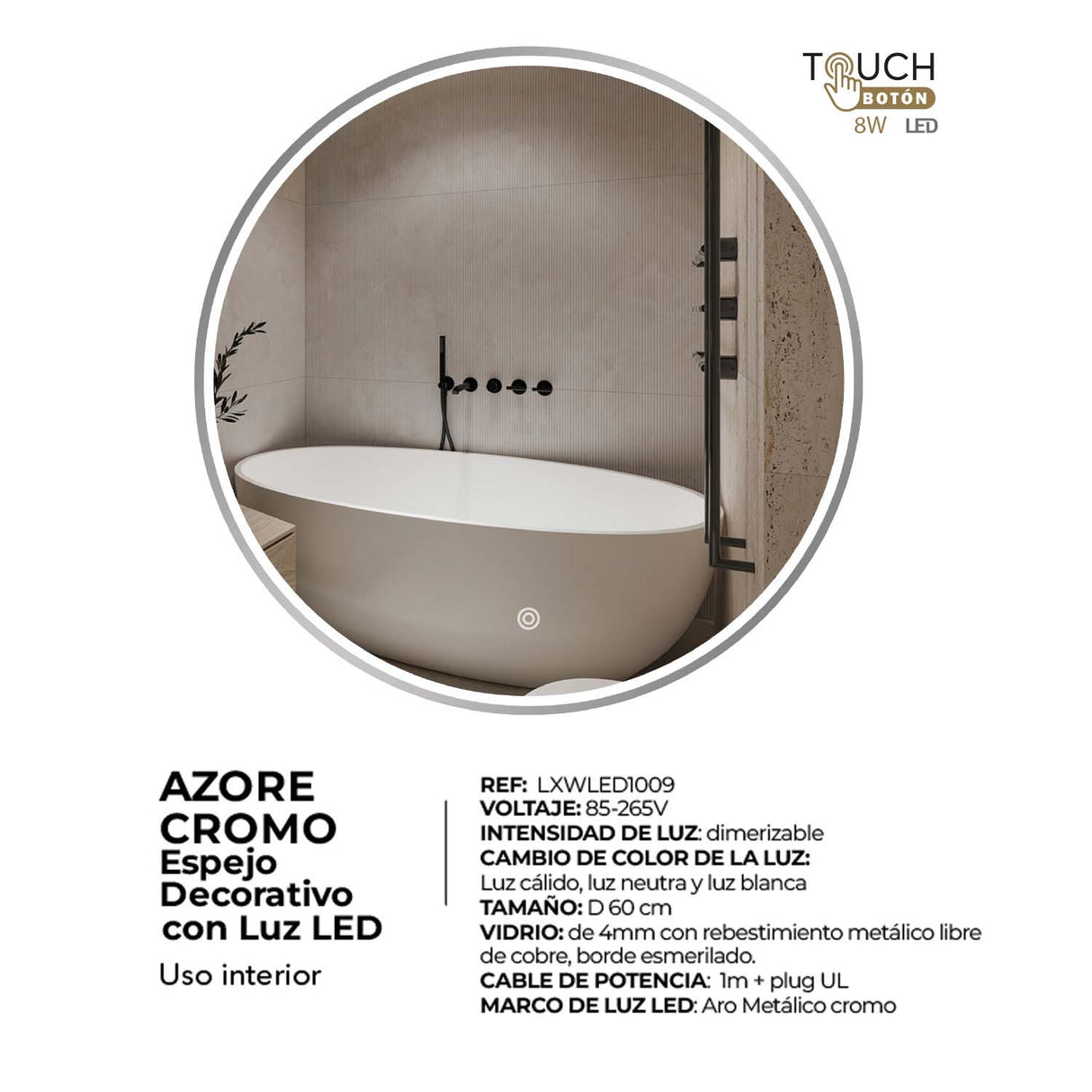 Espejo Led Redondo De Pared Moderno 60x60cm Sin Marco - Espejos Decorativos | Bylmo