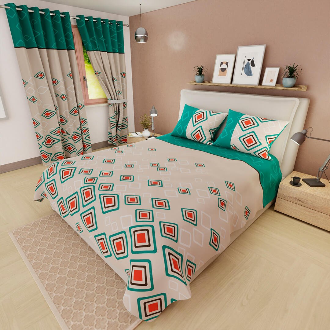 Combo Juego de Sabanas y Cortina Lecanio Beige y Verde de Rombos Para Cama Queen 160 X 180 Cm - Sabanas | Bylmo