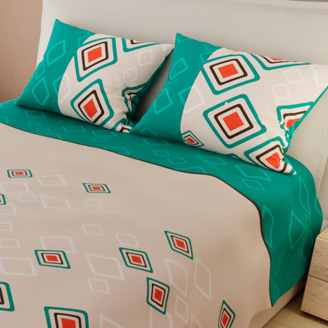 Combo Juego de Sabanas y Cortina Lecanio Beige y Verde de Rombos Para Cama Queen 160 X 180 Cm - Sabanas | Bylmo