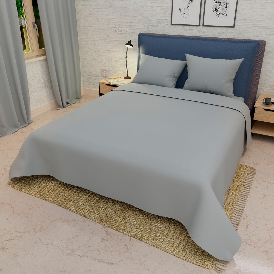Combo Juego de Sabanas y Cortina Lecanio Gris Fondo Entero Para Cama Doble 140 X 190 Cm - Sabanas | Bylmo