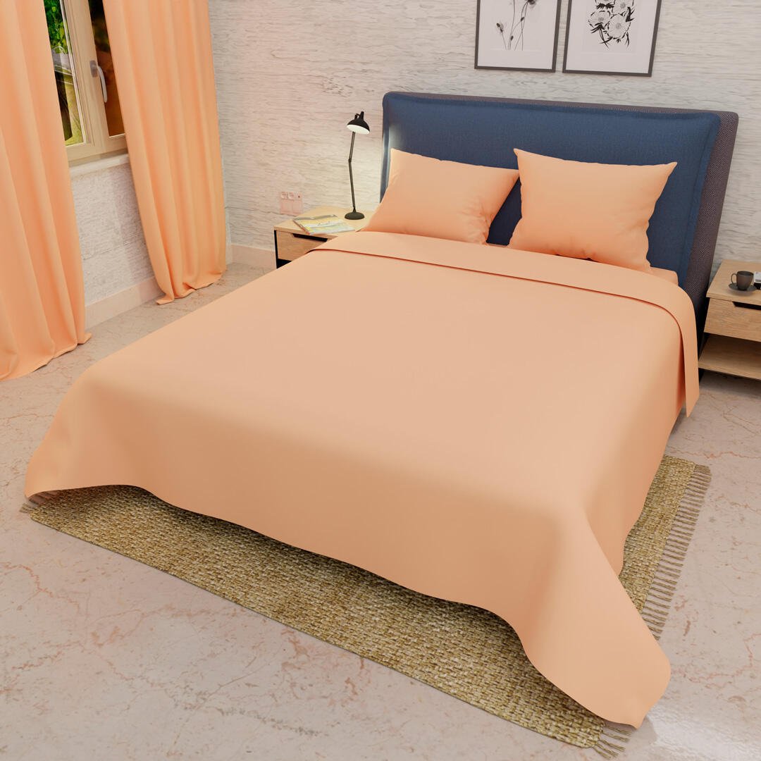 Combo Juego de Sabanas y Cortina Lecanio Naranja Claro Fondo Entero Para Cama Doble 140 X 190 Cm - Sabanas | Bylmo
