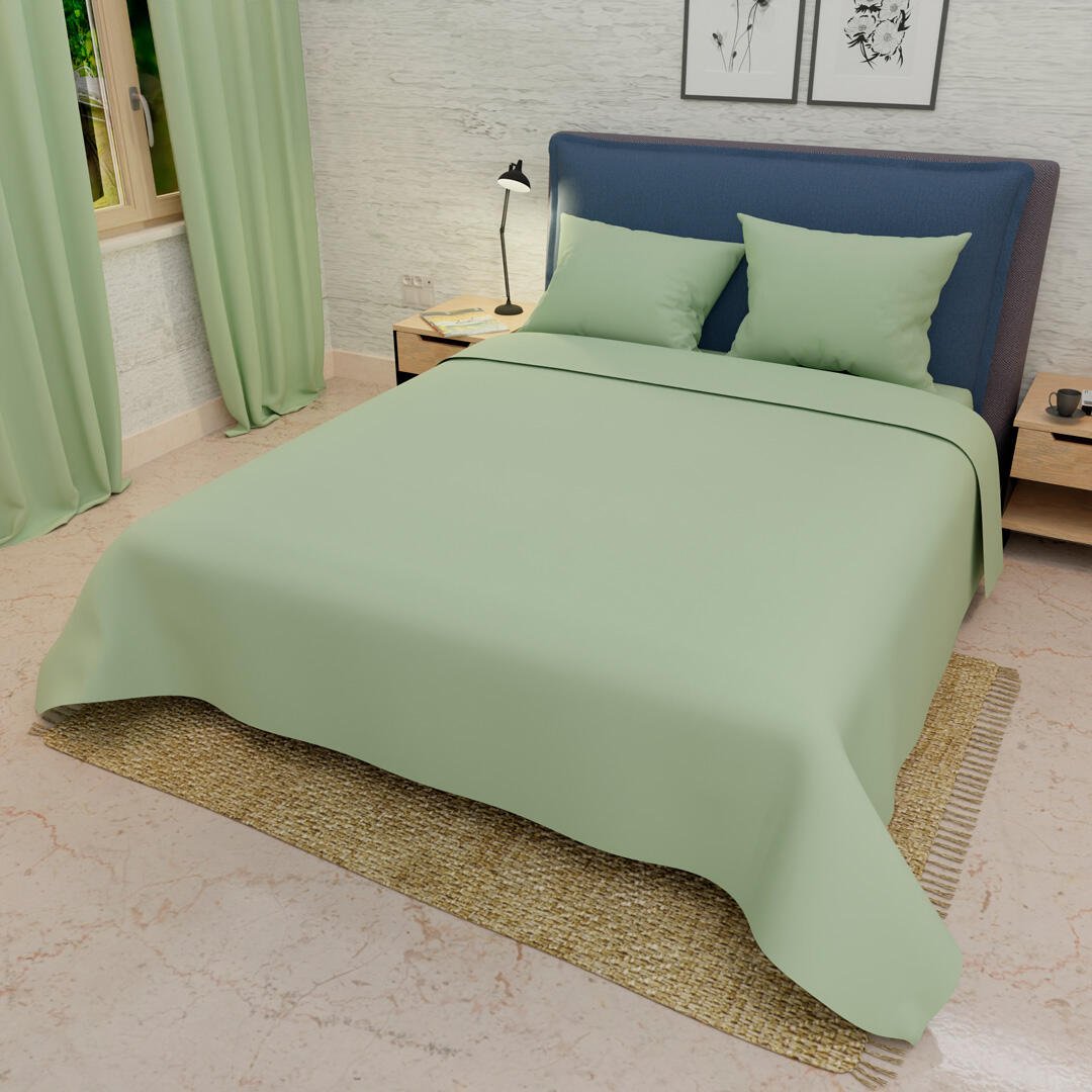 Combo Juego de Sabanas y Cortina Lecanio Verde Claro Fondo Entero Para Cama Doble 140 X 190 Cm - Sabanas | Bylmo