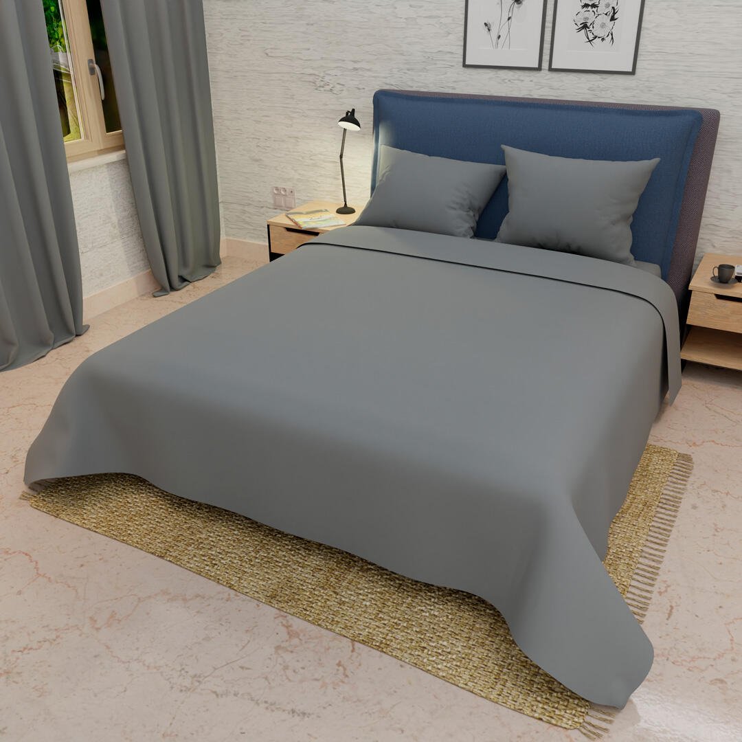 Combo Juego de Sabanas y Cortina Lecanio Gris Medio Fondo Entero Para Cama Doble 140 X 190 Cm - Sabanas | Bylmo