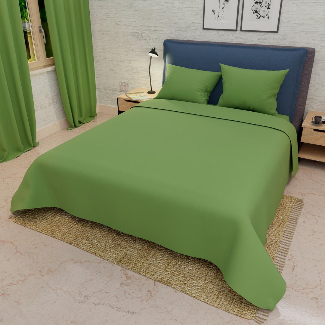 Combo Juego de Sabanas y Cortina Lecanio Verde Limón Fondo Entero Para Cama Doble 140 X 190 Cm - Sabanas | Bylmo