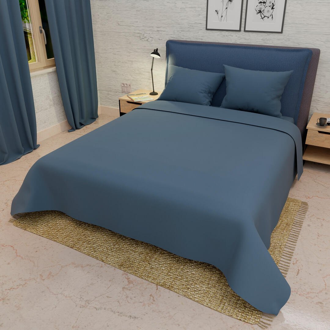Combo Juego de Sabanas y Cortina Lecanio Azul Oscuro Fondo Entero Para Cama Doble 140 X 190 Cm - Sabanas | Bylmo
