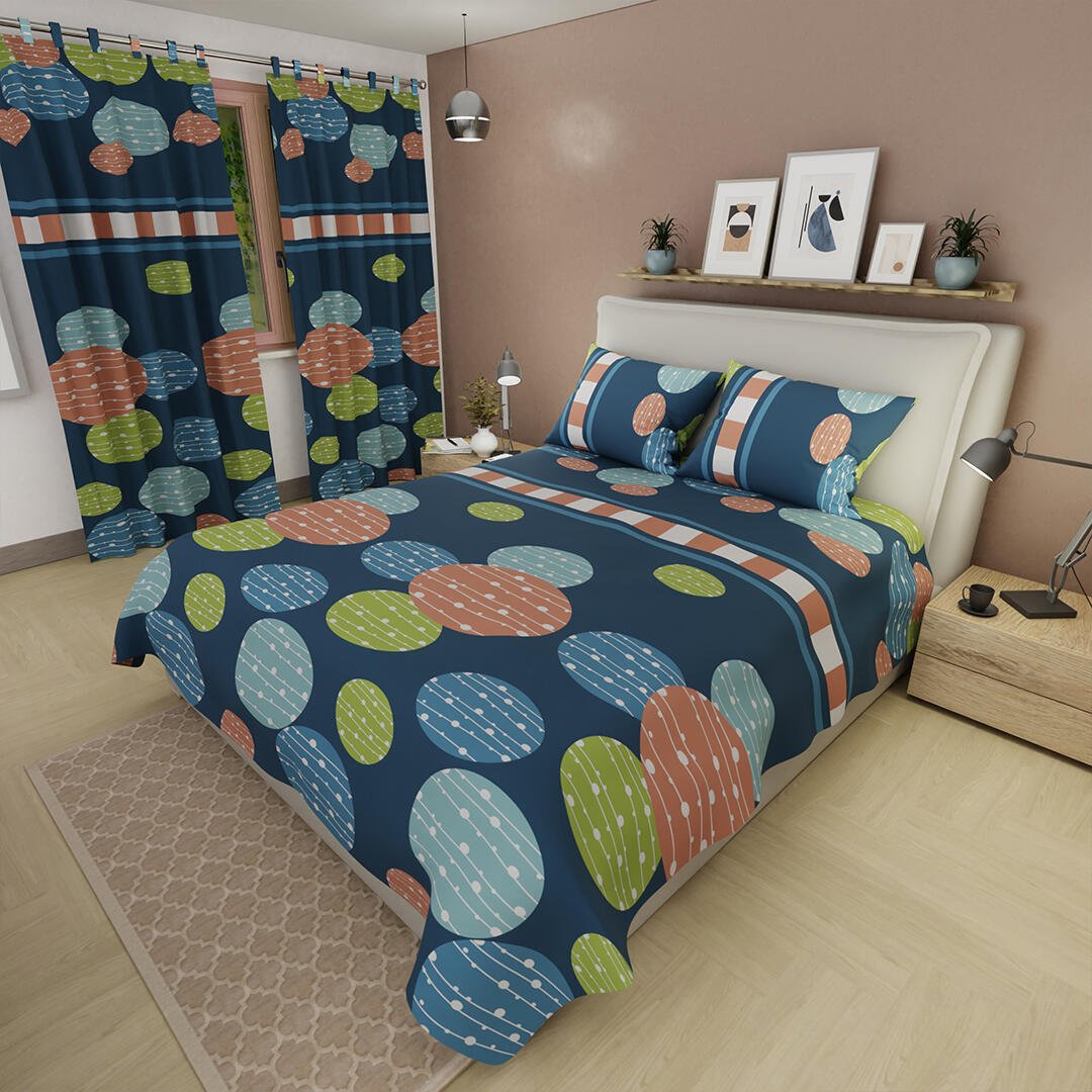 Combo Juego de Sabanas y Cortina Lecanio Azul Oscuro de Círculos Para Cama Doble 140 X 190 Cm - Sabanas | Bylmo