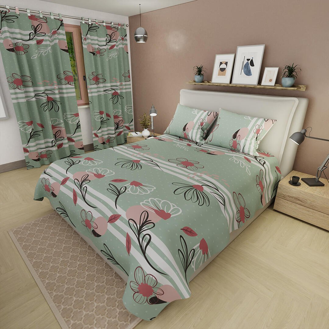 Combo Juego de Sabanas y Cortina Lecanio Verde Claro de Flores Para Cama Doble 140 X 190 Cm - Sabanas | Bylmo