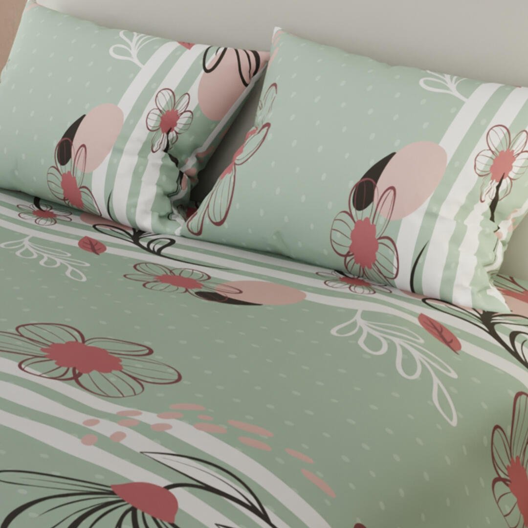 Combo Juego de Sabanas y Cortina Lecanio Verde Claro de Flores Para Cama Doble 140 X 190 Cm - Sabanas | Bylmo