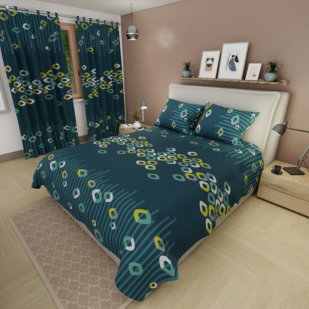 Combo Juego de Sabanas y Cortina Lecanio Verde Petróleo de Círculos Para Cama Doble 140 X 190 Cm - Sabanas | Bylmo