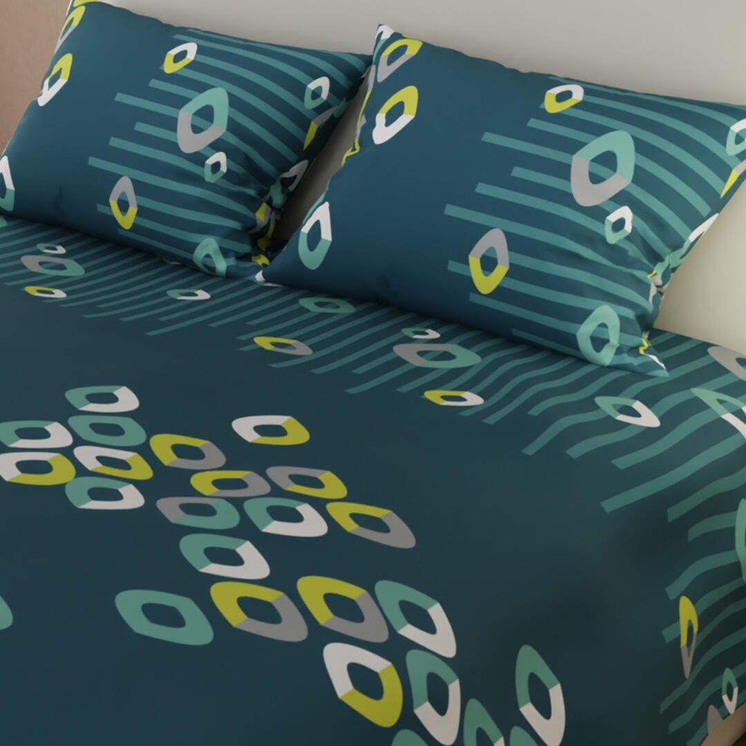 Combo Juego de Sabanas y Cortina Lecanio Verde Petróleo de Círculos Para Cama Doble 140 X 190 Cm - Sabanas | Bylmo