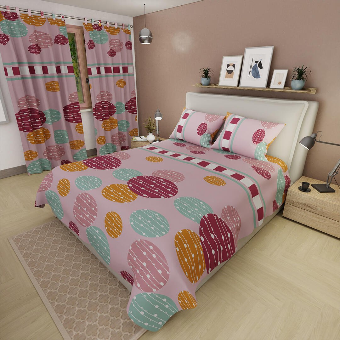 Combo Juego de Sabanas y Cortina Lecanio Rosa de Círculos Para Cama Doble 140 X 190 Cm - Sabanas | Bylmo
