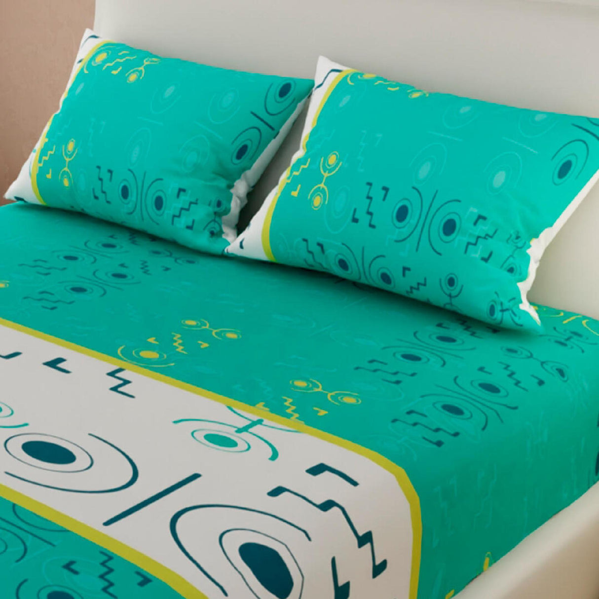 Sábana Ajustable Serebel Verde Aguamarina de Formas Robóticas Para Cama King 200 X 200 Cm - Sabanas | Bylmo