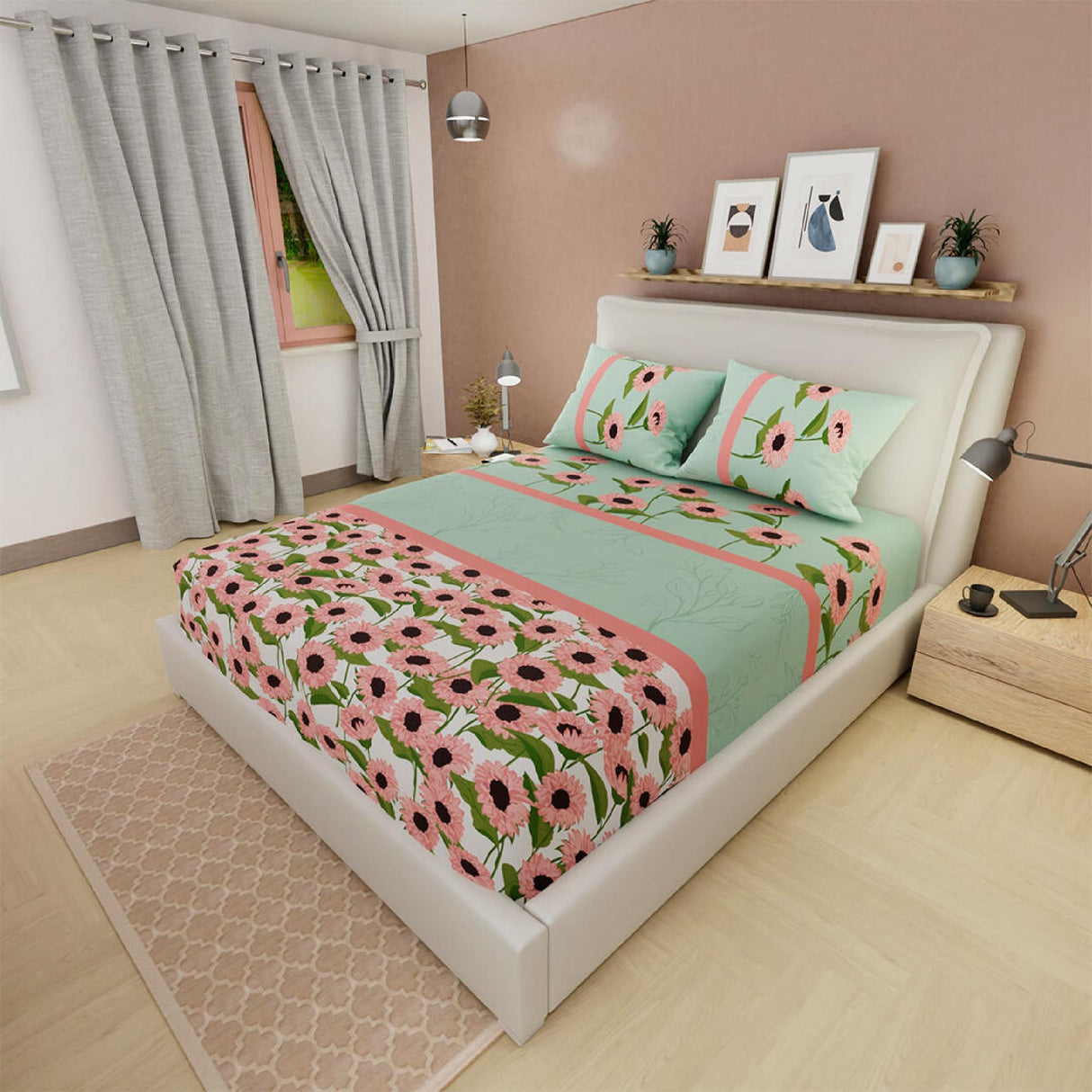 Sábana Ajustable Serebel Verde y Rosado de Girasoles Para Cama King 200 X 200 Cm - Sabanas | Bylmo