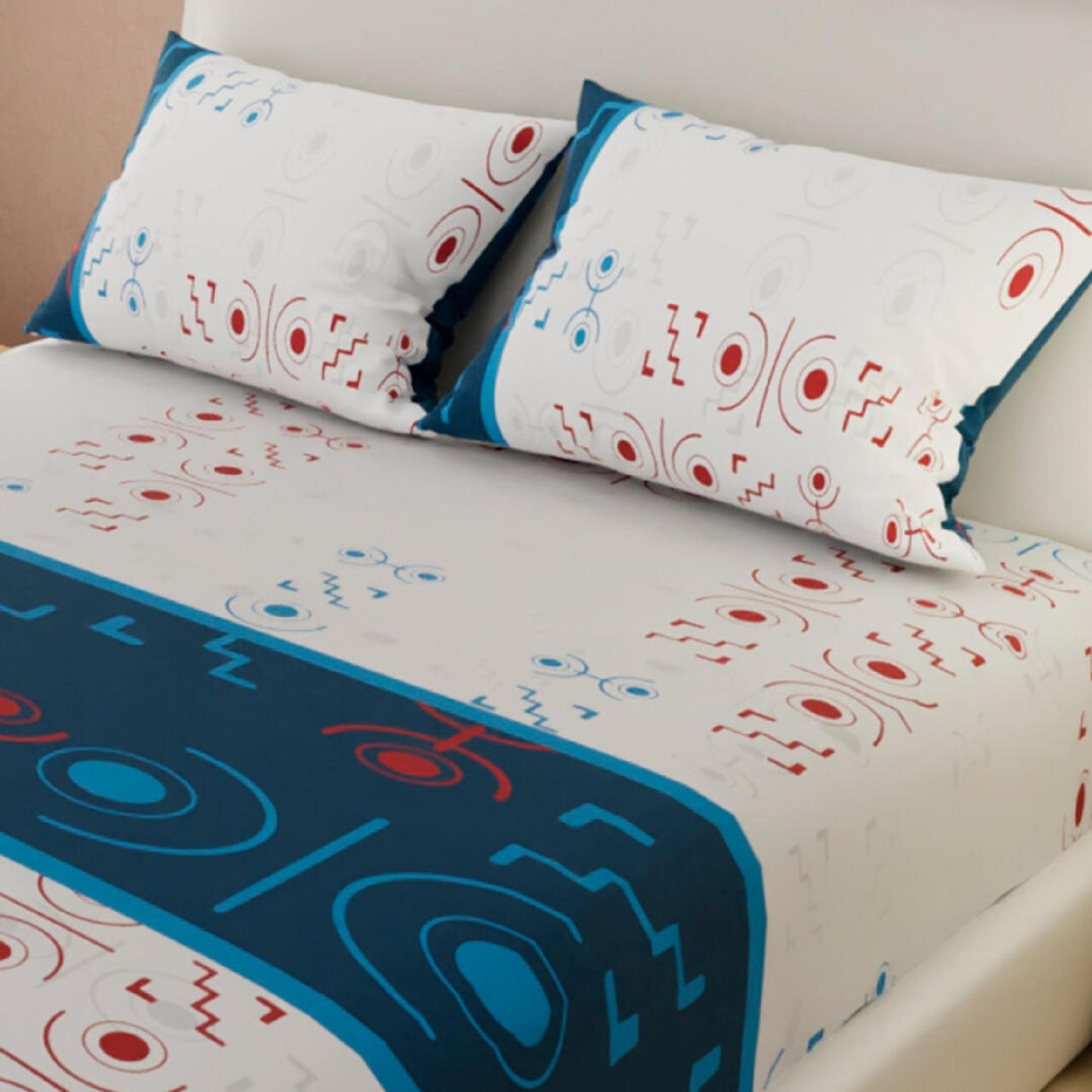 Sábana Ajustable Serebel Blanco de Formas Robóticas Para Cama King 200 X 200 Cm - Sabanas | Bylmo