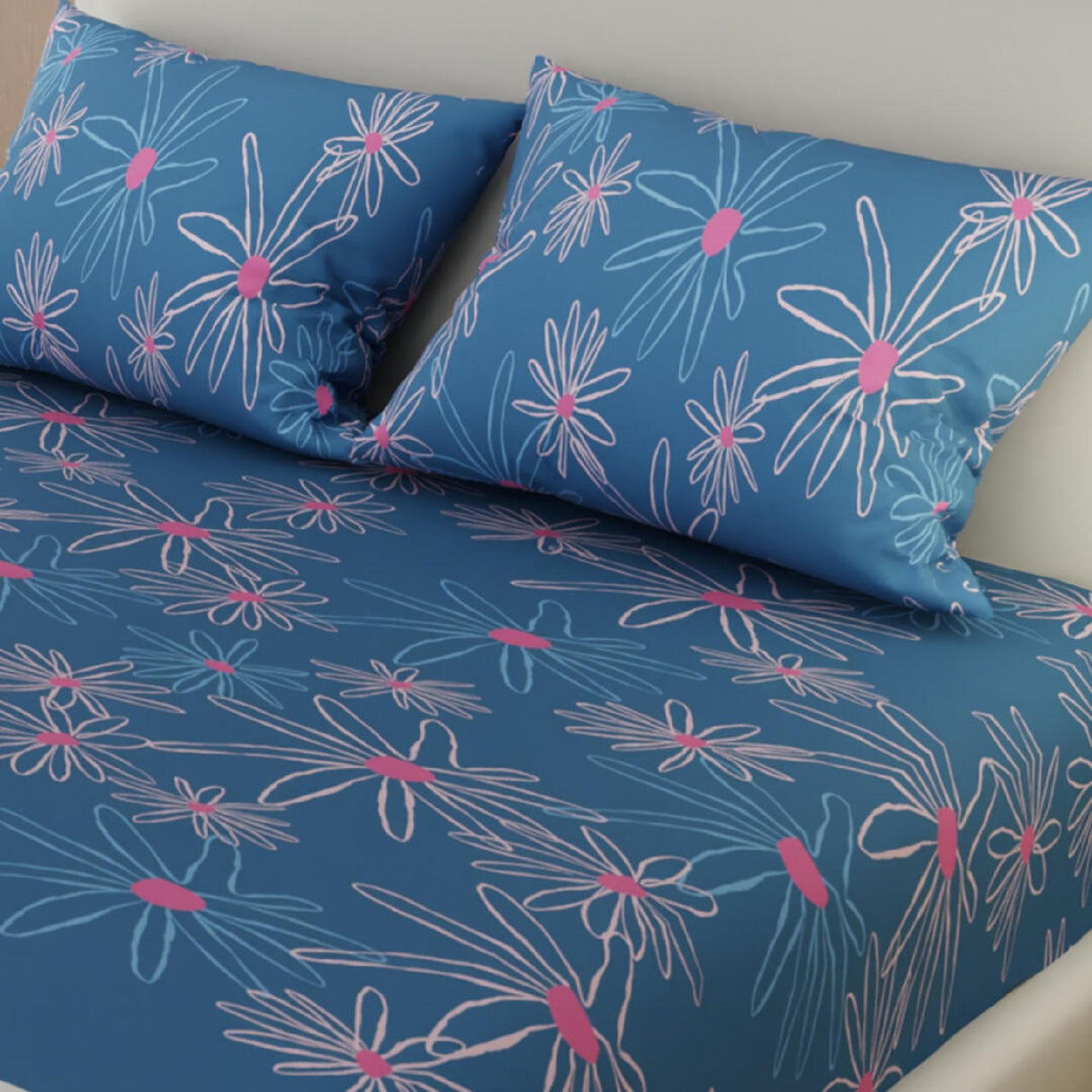 Sábana Ajustable Serebel Azul y Blanco de Flores Para Cama Queen 160 X 190 Cm - Sabanas | Bylmo