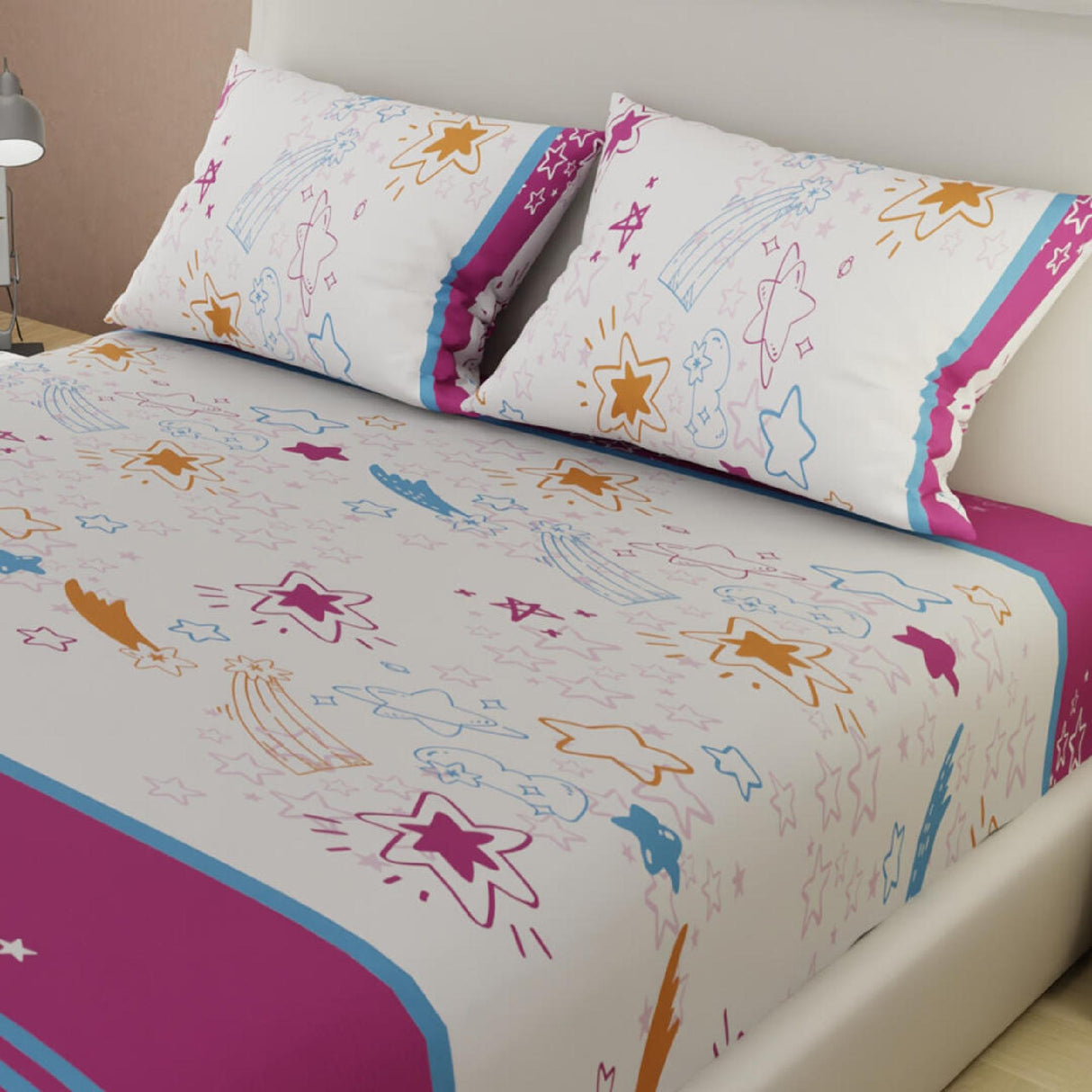 Sábana Ajustable Serebel Blanco y Fucsia de Estrellas Para Cama Doble 140 X 190 Cm - Sabanas | Bylmo
