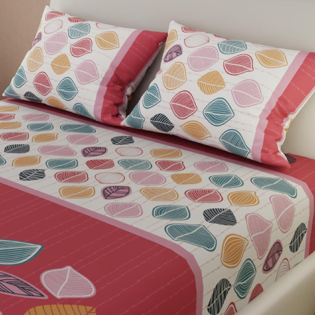Sábana Ajustable Serebel Coral y Blanco de Otoño Para Cama Doble 140 X 190 Cm - Sabanas | Bylmo