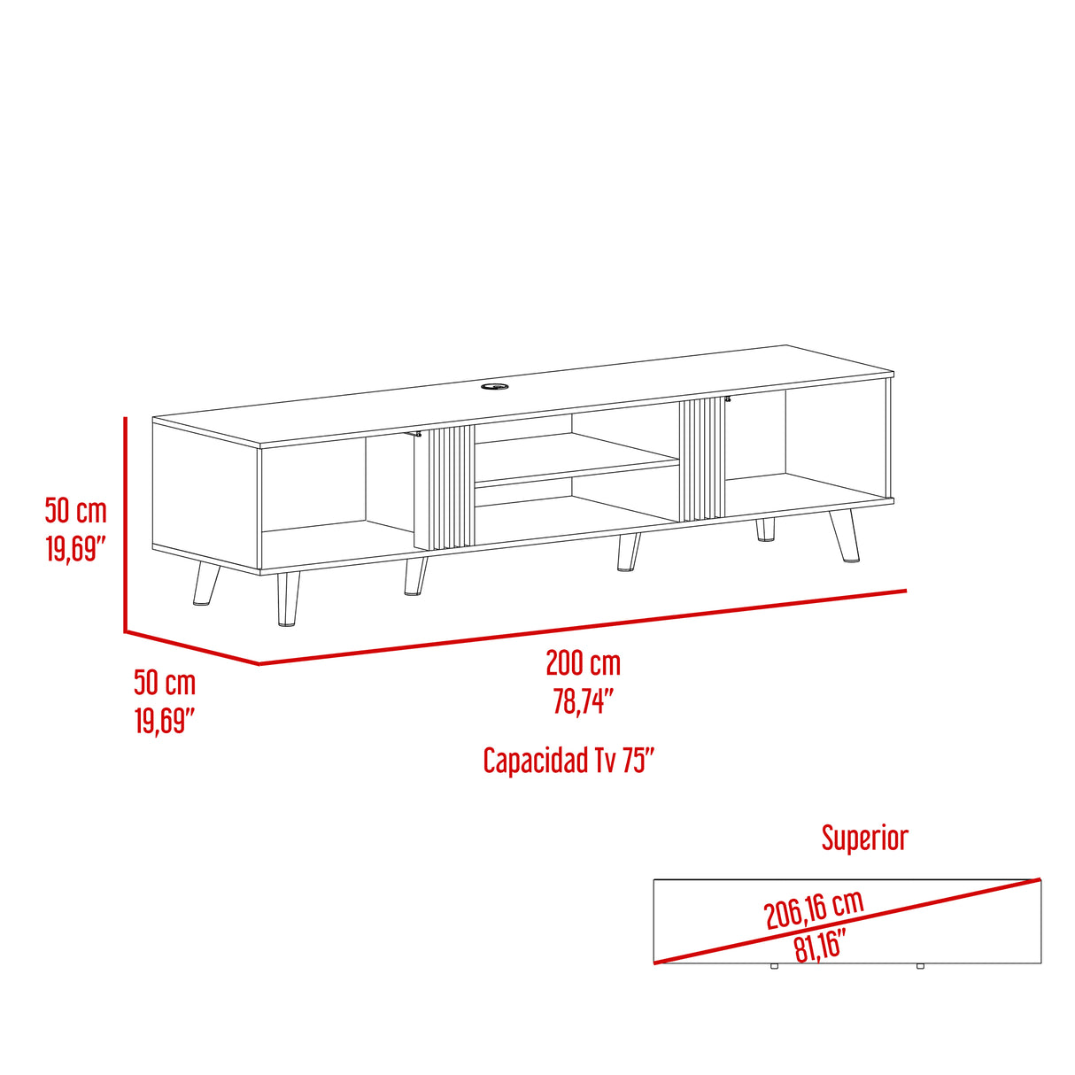 Rack de TV Shawnee Fresno Europeo y Capri 200x50cm para TV Hasta 75 pulgadas - Muebles de TV | Bylmo