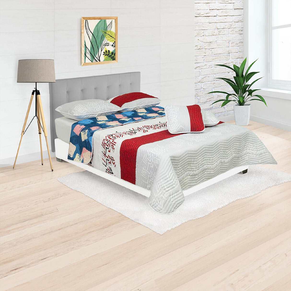Cubrelecho Español Ambete Gris y Rojo de Líneas Étnicas Para Cama Semidoble 120 X 190 Cm - Tendidos y Cubrelechos | Bylmo