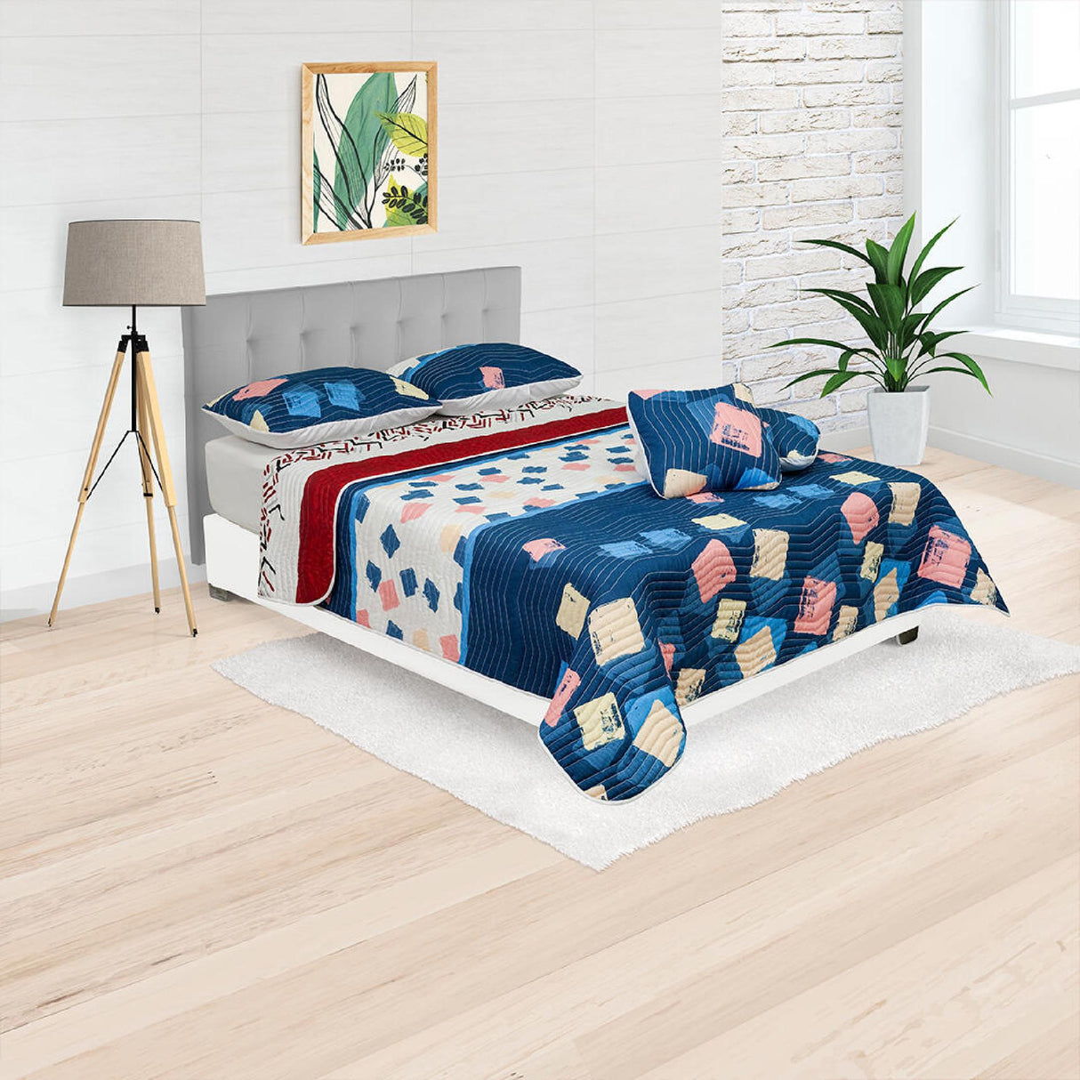 Cubrelecho Español Ambete Gris y Rojo de Líneas Étnicas Para Cama Semidoble 120 X 190 Cm - Tendidos y Cubrelechos | Bylmo