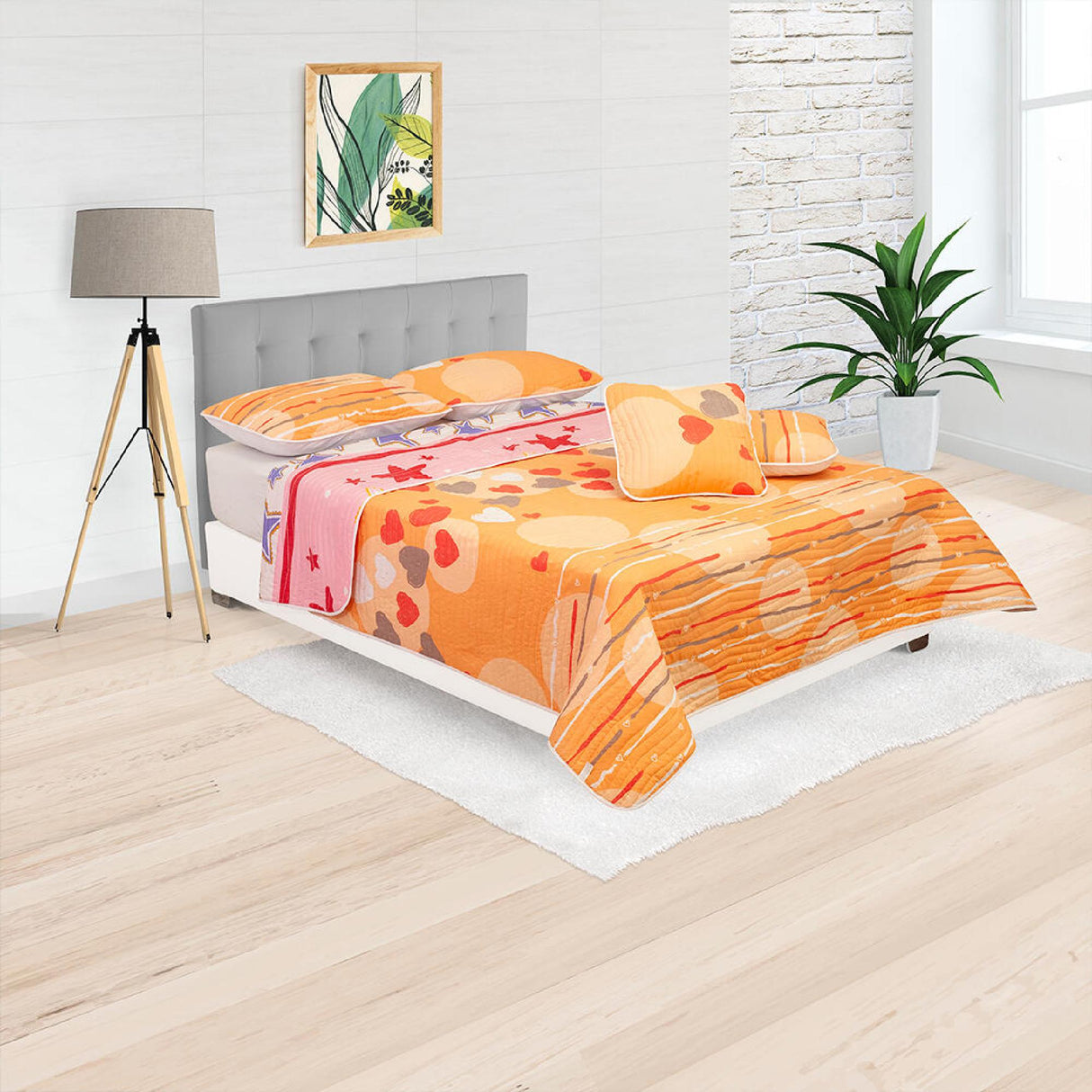 Cubrelecho Español Ambete Naranja de Corazones Para Cama Semidoble 120 X 190 Cm - Tendidos y Cubrelechos | Bylmo