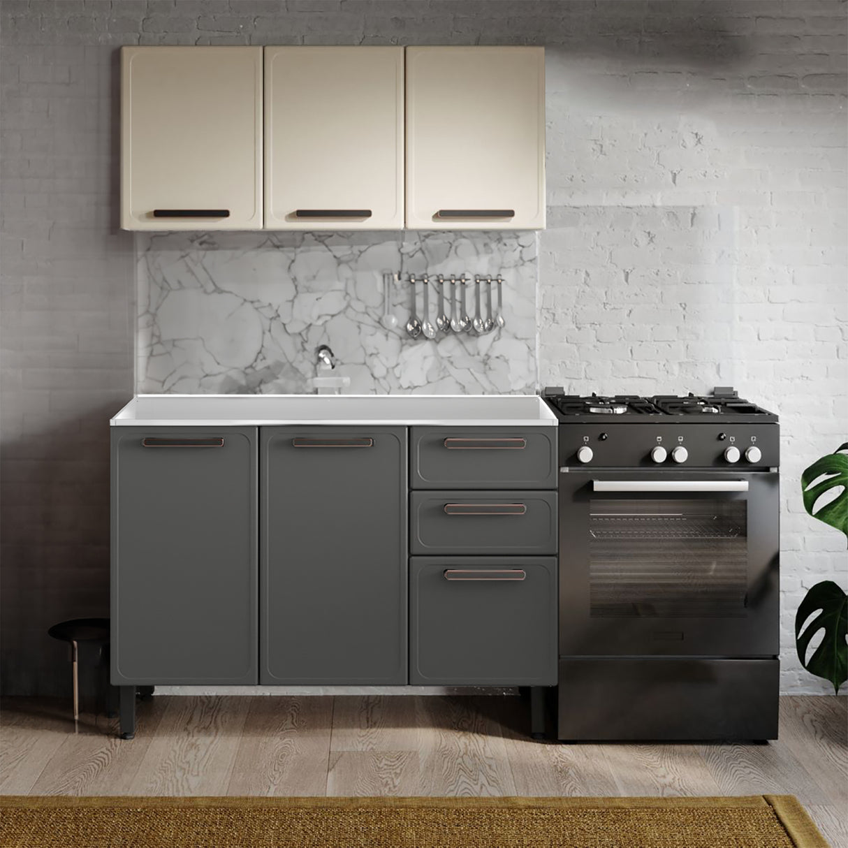 Cocina Integral Gris y Beige 120x89cm Sin Mesón Sin Pozuelo Centro - Cocinas | Bylmo