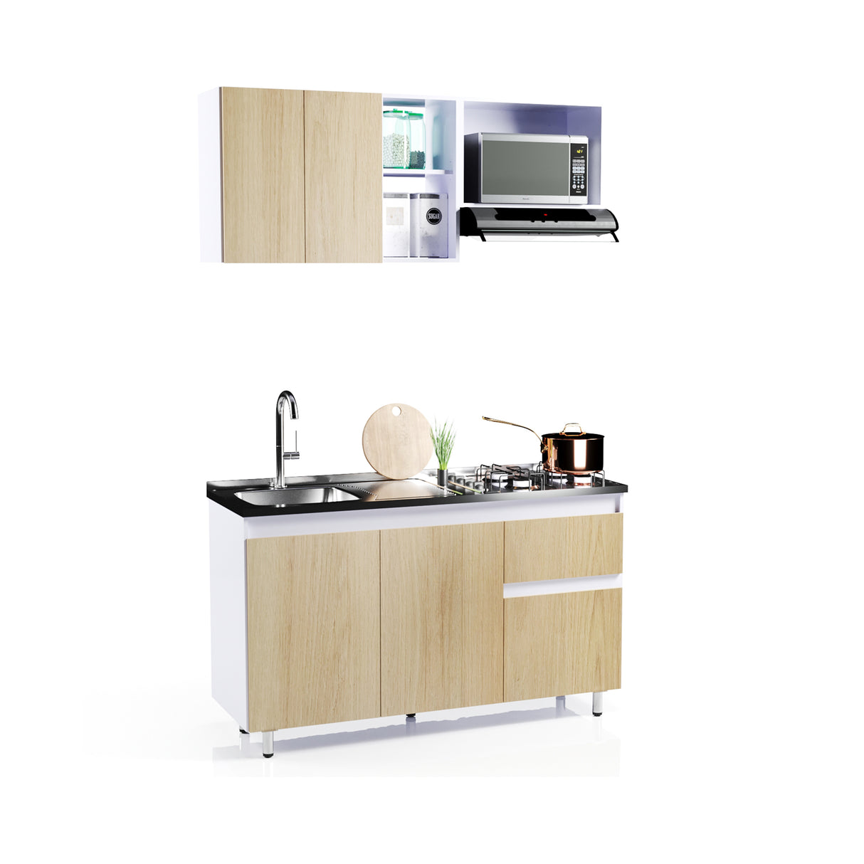 Cocina Integral Rovere y Blanco 150x87.5cm Sin Mesón Sin Pozuelo Ambos Izquierda O Derecha - Cocinas | Bylmo