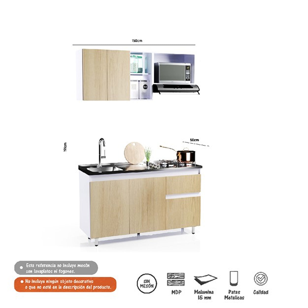 Cocina Integral Rovere y Blanco 150x87.5cm Sin Mesón Sin Pozuelo Ambos Izquierda O Derecha - Cocinas | Bylmo