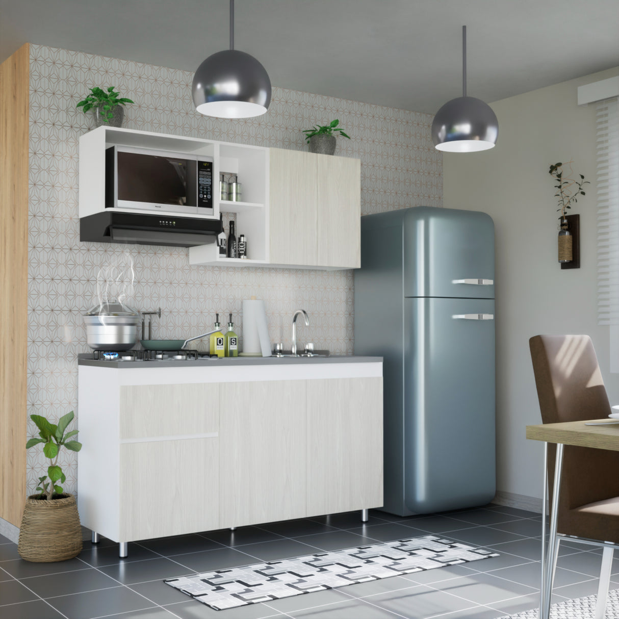 Cocina Integral Niebla y Blanco 150x87.5cm Con Mesón Con Pozuelo Derecha - Cocinas | Bylmo