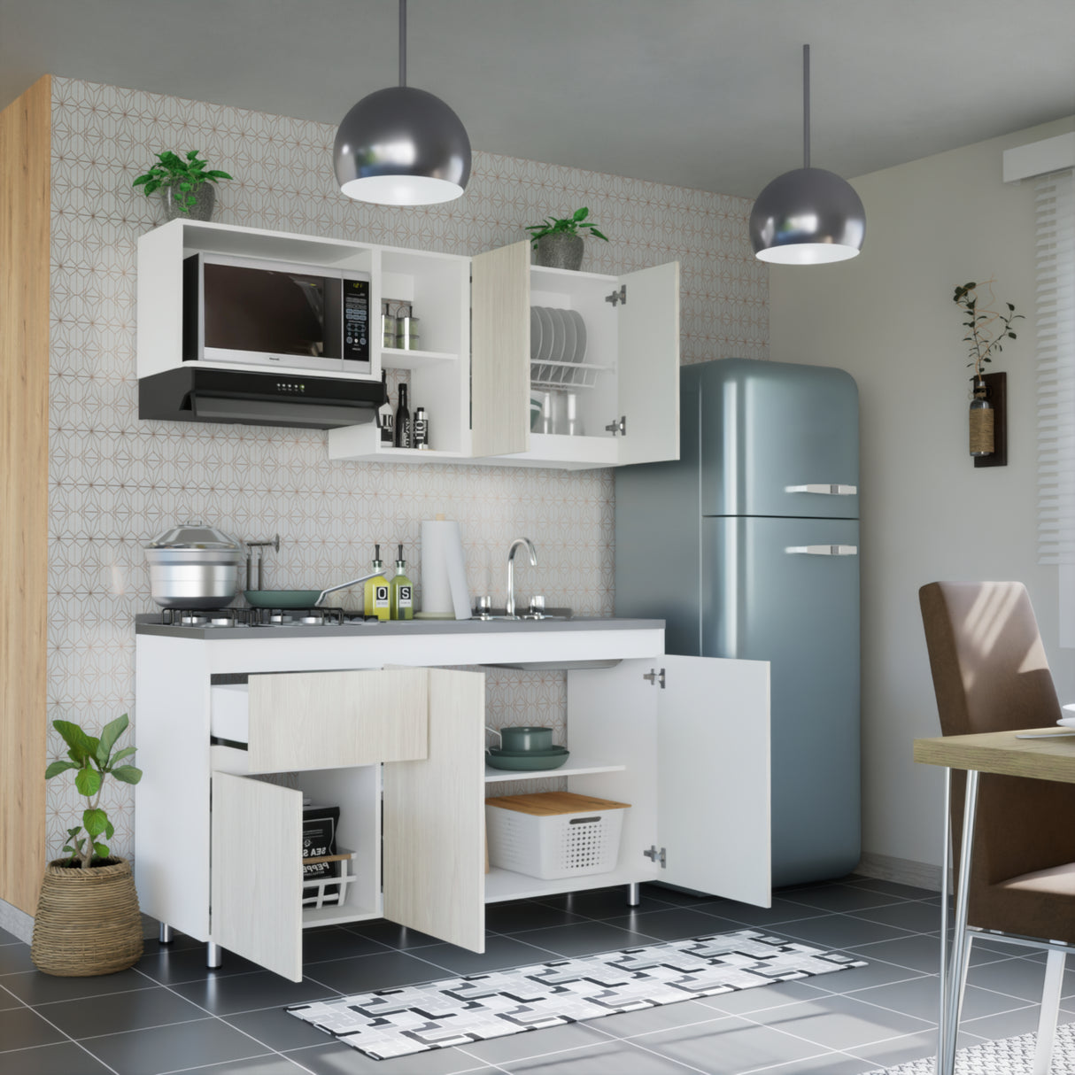 Cocina Integral Niebla y Blanco 150x87.5cm Con Mesón Con Pozuelo Derecha - Cocinas | Bylmo