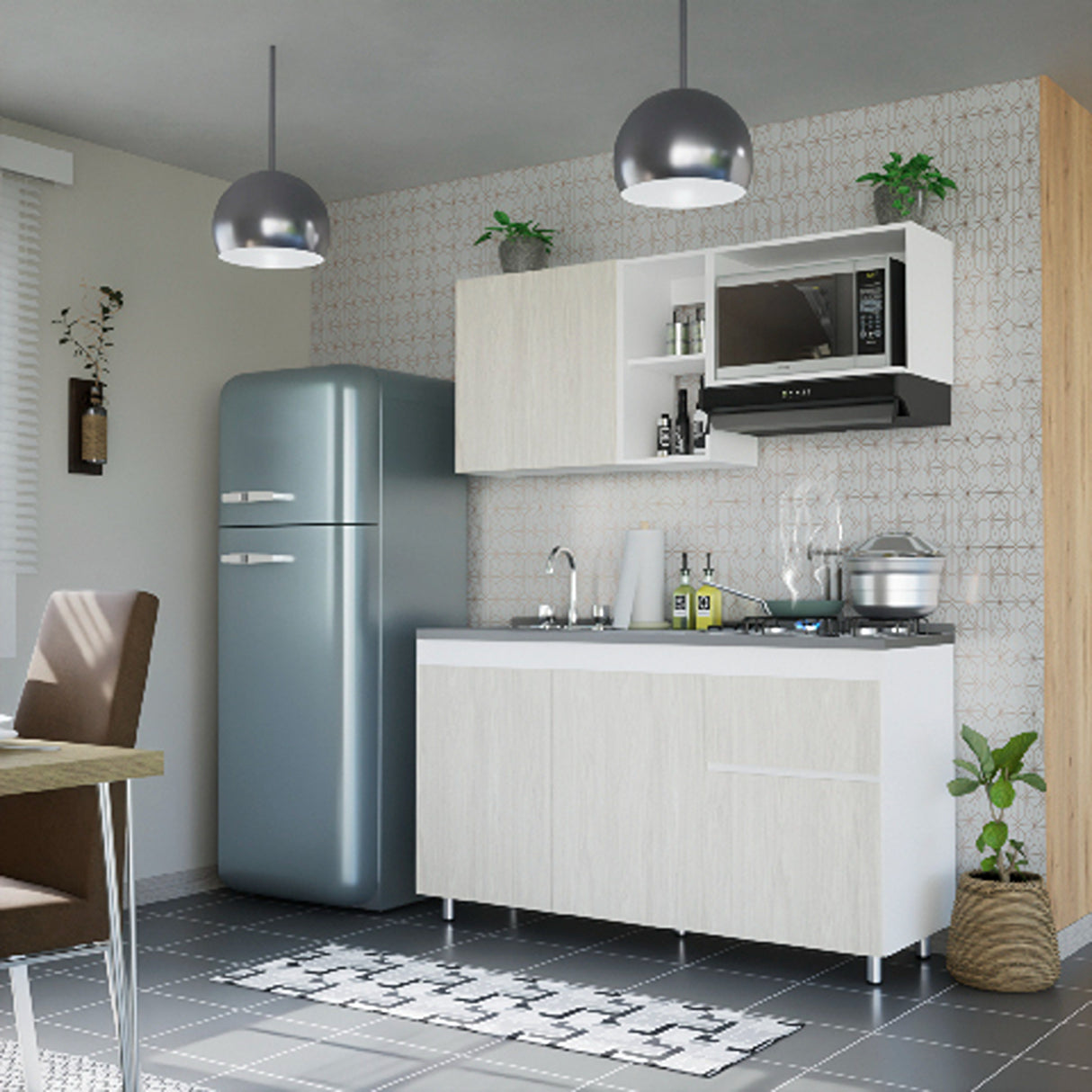 Cocina Integral Niebla y Blanco 150x87.5cm Con Mesón Con Pozuelo Izquierda - Cocinas | Bylmo