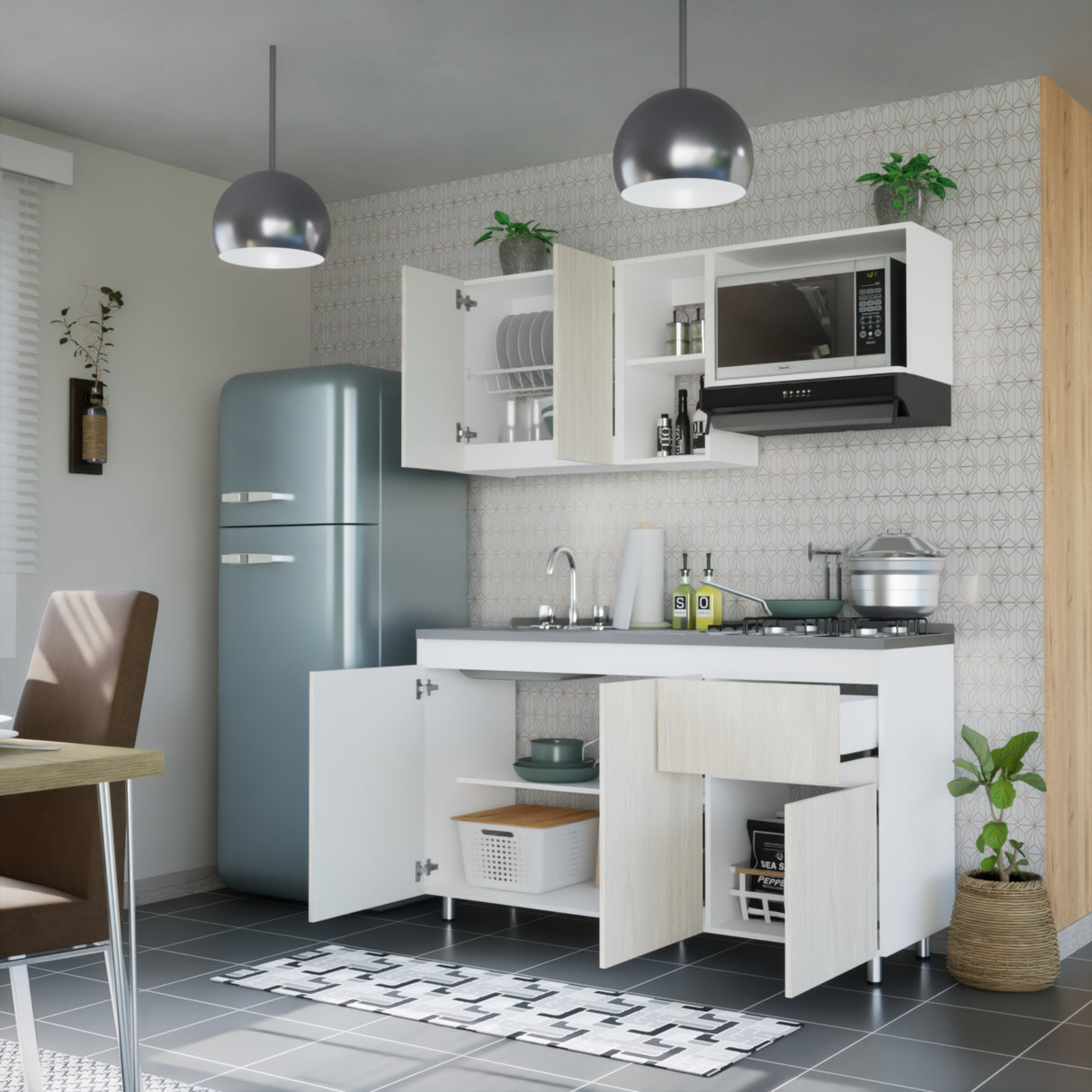 Cocina Integral Niebla y Blanco 150x87.5cm Con Mesón Con Pozuelo Izquierda - Cocinas | Bylmo