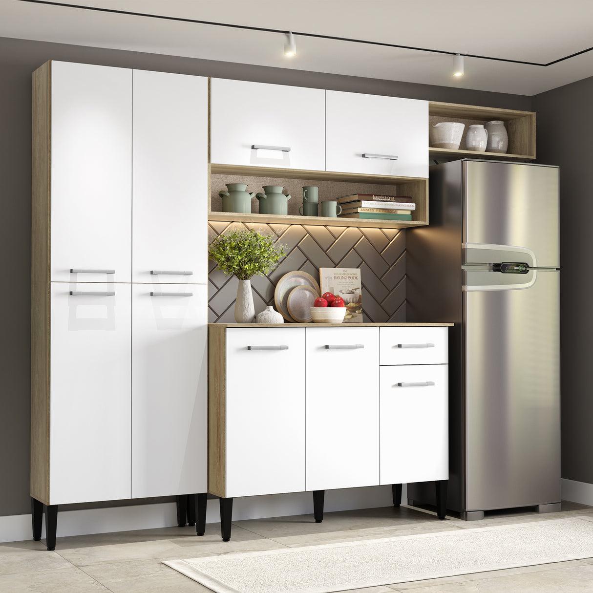 Cocina Integral Roble y Blanco 105x89cm Con Mesón Sin Pozuelo Sin Perforacion - Cocinas | Bylmo