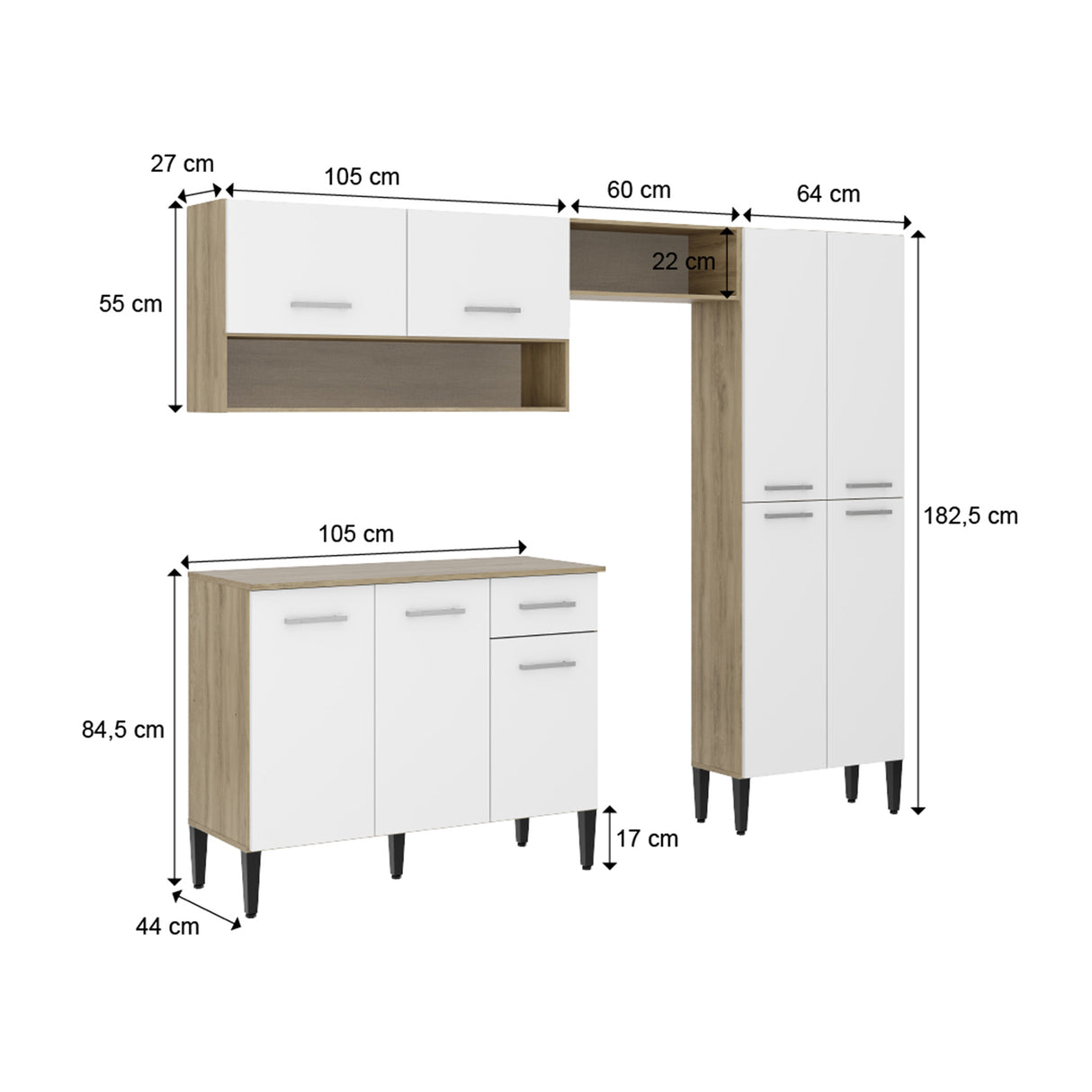 Cocina Integral Roble y Blanco 105x89cm Con Mesón Sin Pozuelo Sin Perforacion - Cocinas | Bylmo