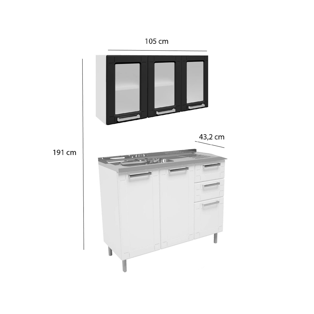 Cocina Integral Blanco y Negro 105x85.3cm Con Mesón Con Pozuelo Izquierda - Cocinas | Bylmo