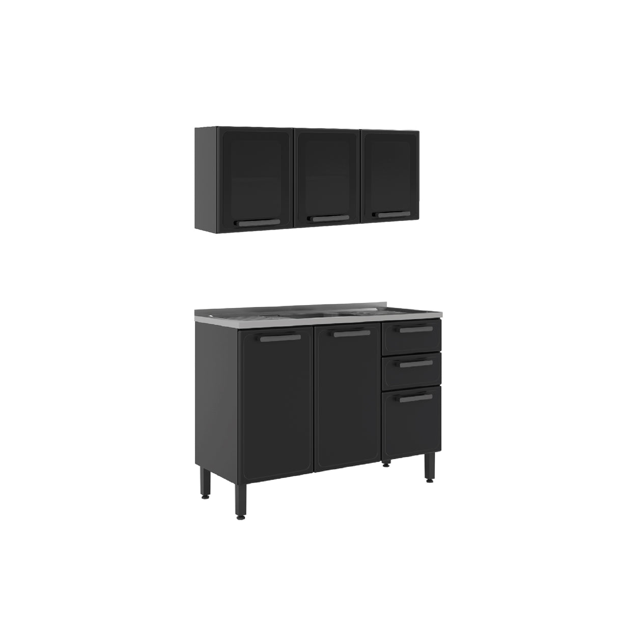 Cocina Integral Gris 120x89cm Con Mesón Con Pozuelo Centro y Puerta de Vidrio - Cocinas | Bylmo